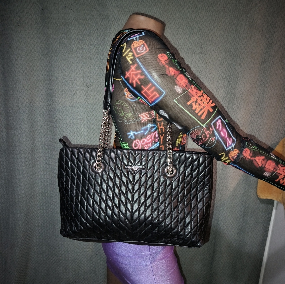 Karl Lagerfeld Karolina Quilted Black Leather Tote Shoulder Bag.